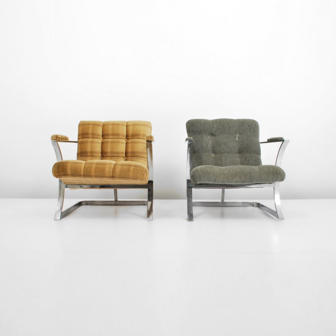 Pair of Milo Baughman Lounge Chairs: Designer & Manufacturer: Milo Baughman; Thayer Coggin Markings: remnants of label Country of Origin & Materials: USA; chrome, upholstery Additional Information & Circa: Pair of lounge chairs by Milo B