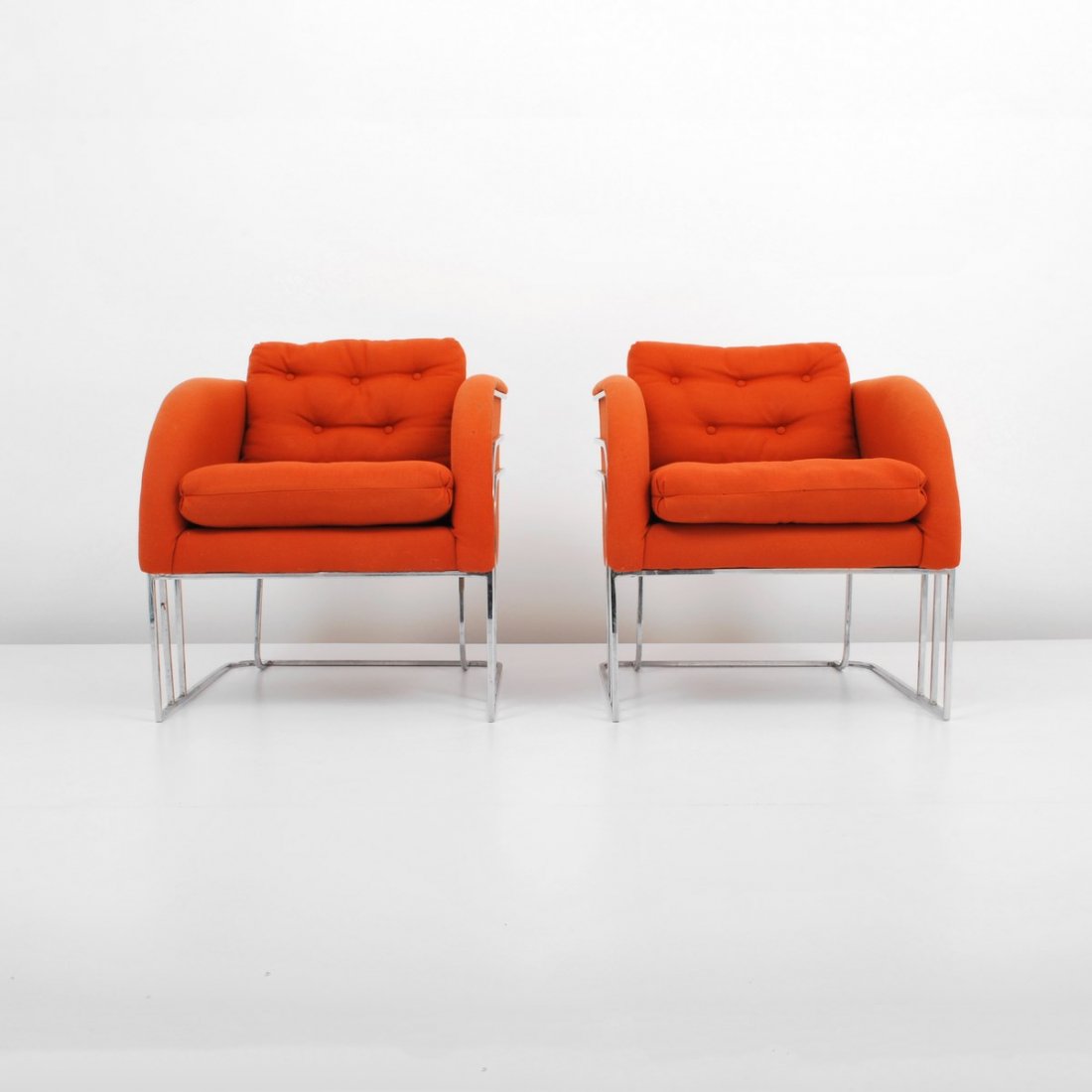 Pair of Milo Baughman Lounge Chairs: Designer & Manufacturer: Milo Baughman; Thayer Coggin Markings: none Country of Origin & Materials: USA; chrome, upholstery Additional Information & Circa: Pair of lounge chairs by Milo Baughman; c. 1