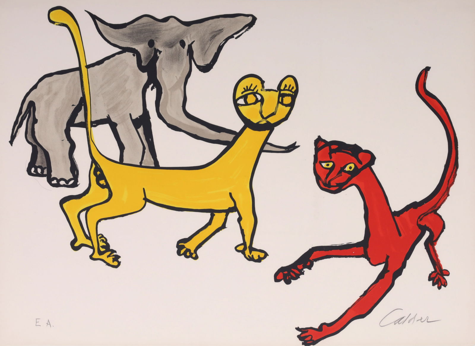 Alexander Calder UNTITLED (TWO CATS AND AN ELEPHANT) Lithograph, 29.75"W: Artist/Designer; Manufacturer: Alexander Calder (American, 1898-1976) Marking(s); notes: signed, blind stamp, marking(s); EA aside from the edition of 250; 1975Materials: 