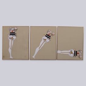 Large Ernest Trova STUDY / FALLING MAN Triptych Painting, 111"W
