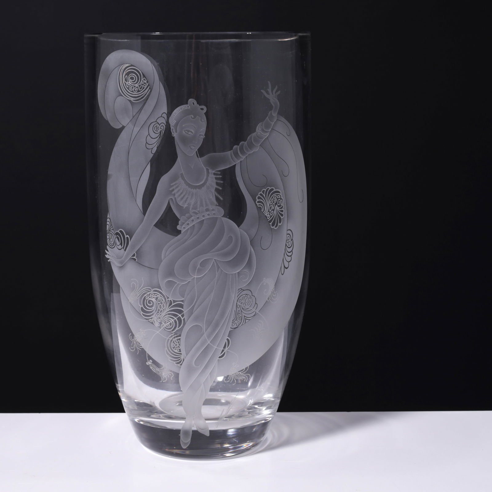 Erte (Romain de Tirtoff) DREAM GIRL Vase, Limited Edition: Artist/Designer; Manufacturer: Erte (Romain de Tortoff)Marking(s); notes: signed, marking(s); ed. 88/99Materials: etched glass vaseDimensions (H, W, D): 13.75&qu