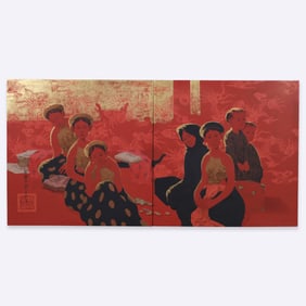 Large Bui Huu Hung Lacquer Painting, 96"W Diptych