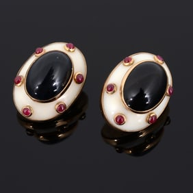 Gold & Ruby Cabochon Estate Earrings