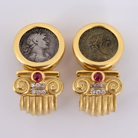 Italian Gold, Diamond, Ruby & Coin Estate Earrings