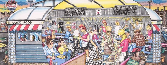 Large Red Grooms RED BUD DINER Lithograph, 62.125"W