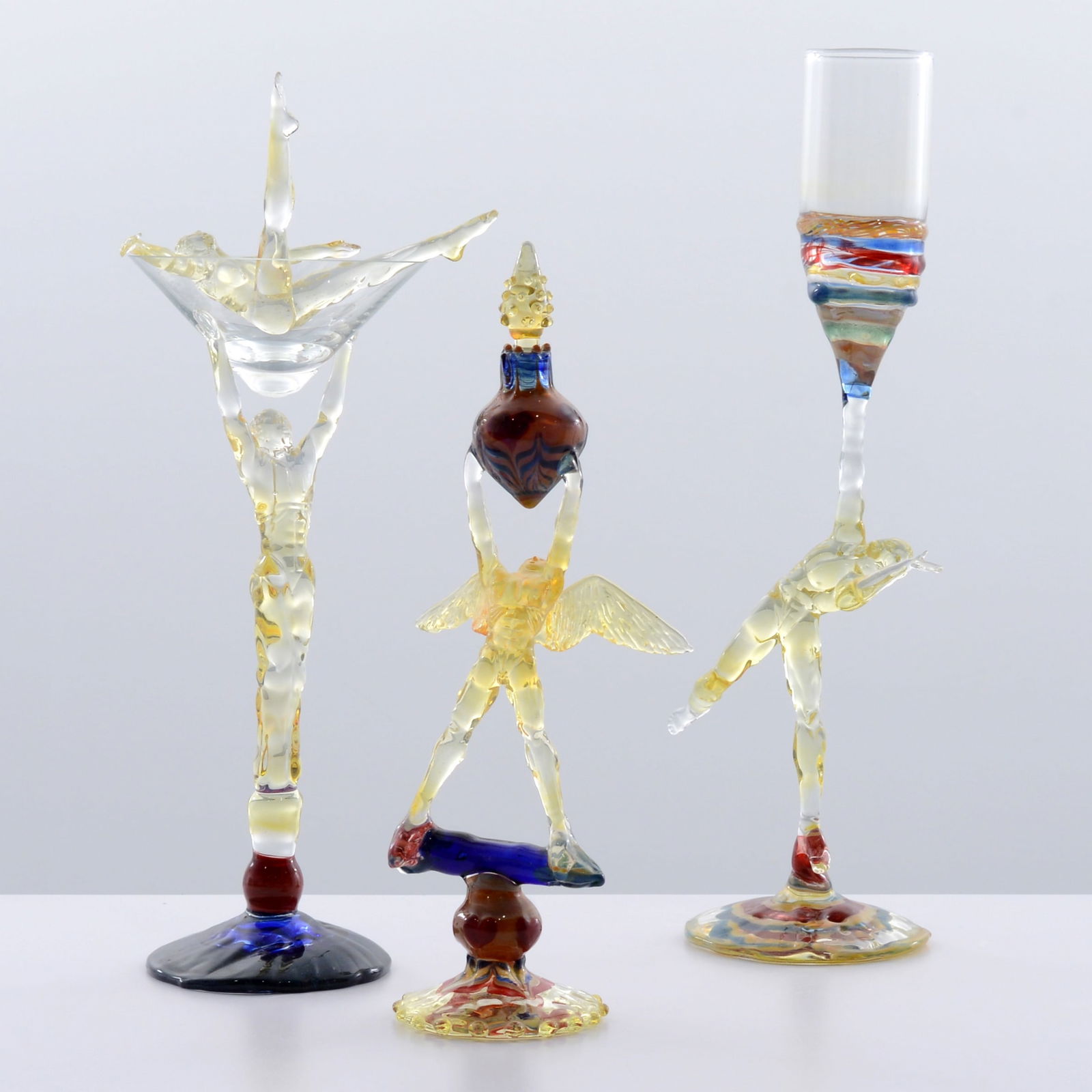 Jeffrey Spencer Goblets & Perfume Bottle: Artist/Designer; Manufacturer: Jeffrey Spencer (American, 20th Century)Marking(s); notes: signed (3); ed. 3/50 (1)Materials: blown and lampworked glassDime