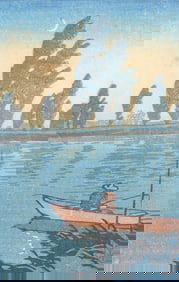 Hasui Kawase NIGHT FISHING AT ITAKO Woodcut Print