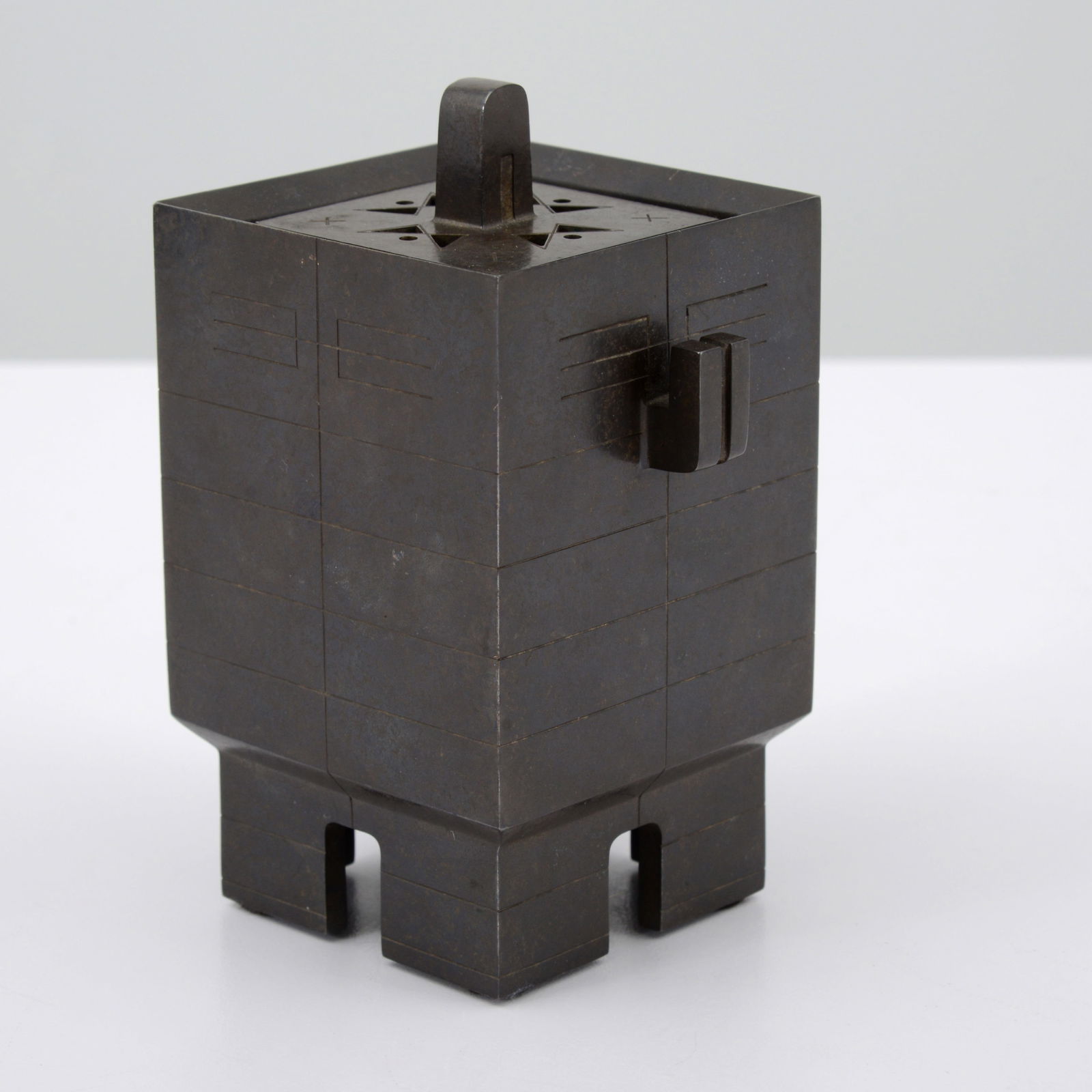 Japanese Bronze Incense Burner: Artist/Designer; Manufacturer: unknownMarking(s); notes: marking(s)Materials: bronzeDimensions (H, W, D): 5"h, 3.75"w, 2.75"d<