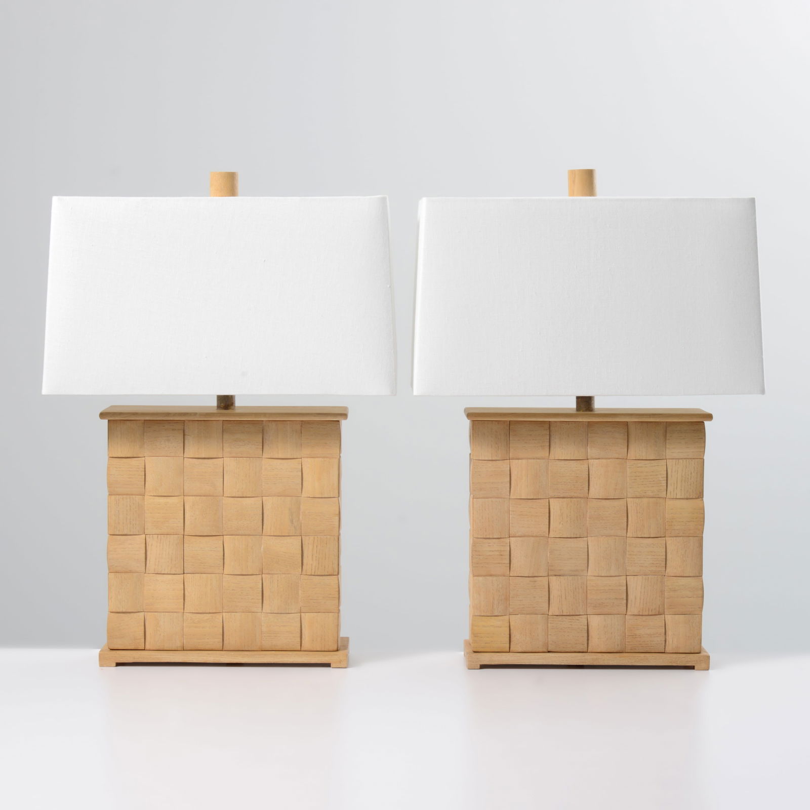 Pair of Faux Basketweave Table Lamps, Manner of Paul Laszlo: Artist/Designer; Manufacturer: Paul Laszlo (American, 1900-1993), manner of Marking(s); notes: no marking(s) apparentMaterials: wood, metalDimensions