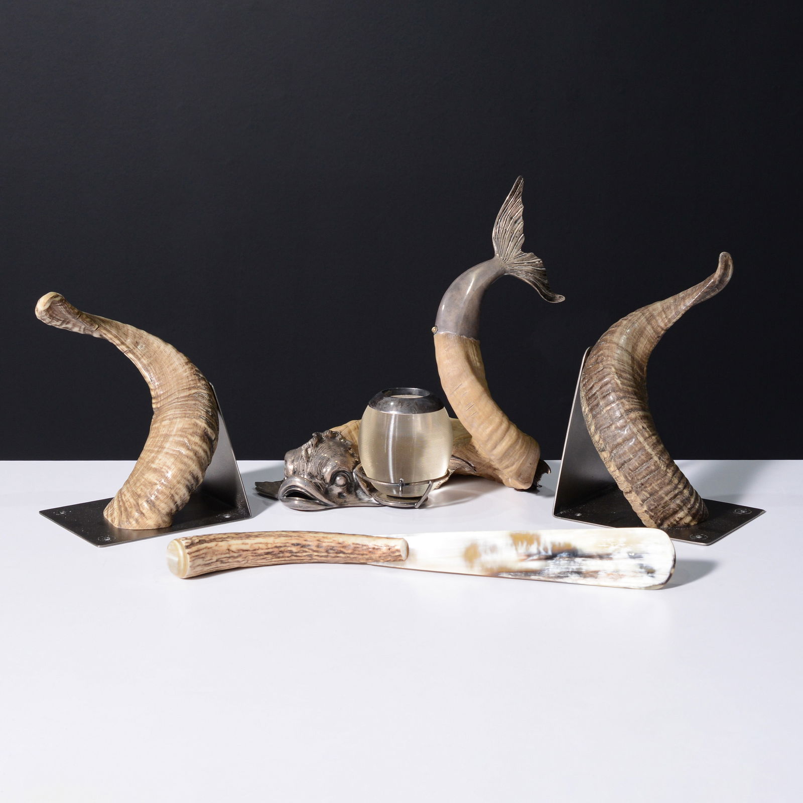 4 Horn Pieces; Cowell & Hubbard Co. Inkwell,  2 Wall Sculptures & Shoe Horn (1 of 14)