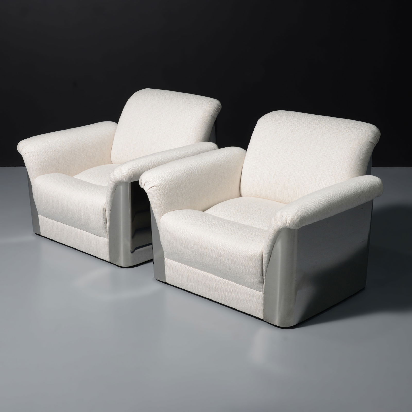 Pair of Lounge Chairs, Manner of Milo Baughman: Artist/Designer; Manufacturer: Milo Baughman (American, 1923-2003), manner ofMarking(s); notes: no marking(s) apparentMaterials: stainless steel, upholstery