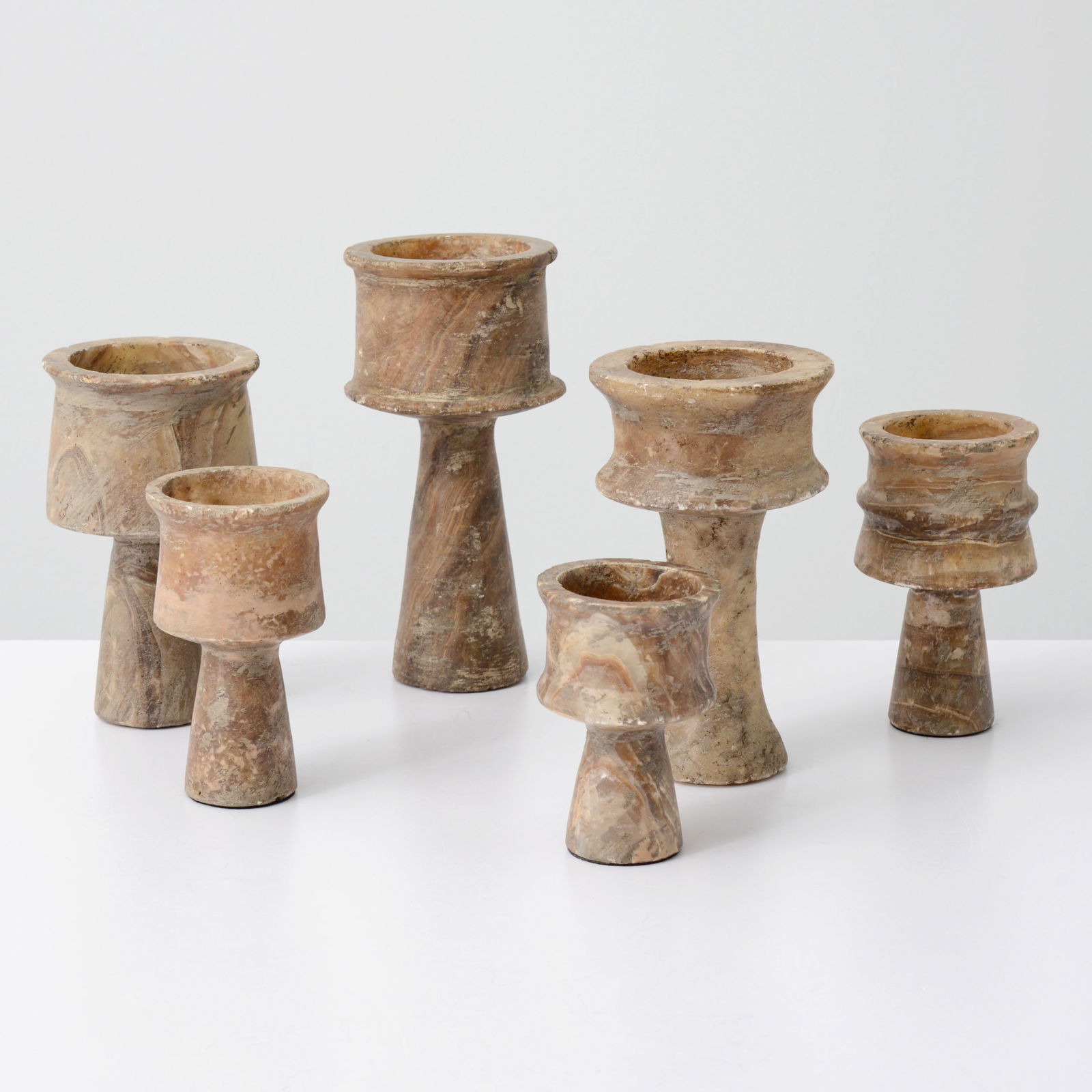 6 Angela Tesselaar Bactrian Offering Vessels: Artist/Designer; Manufacturer: Angela Tesselaar (American, 20th Century); Atelier A. Tesselaar (USA)Marking(s); notes: no marking(s) apparentMaterials: antiqued alabaster