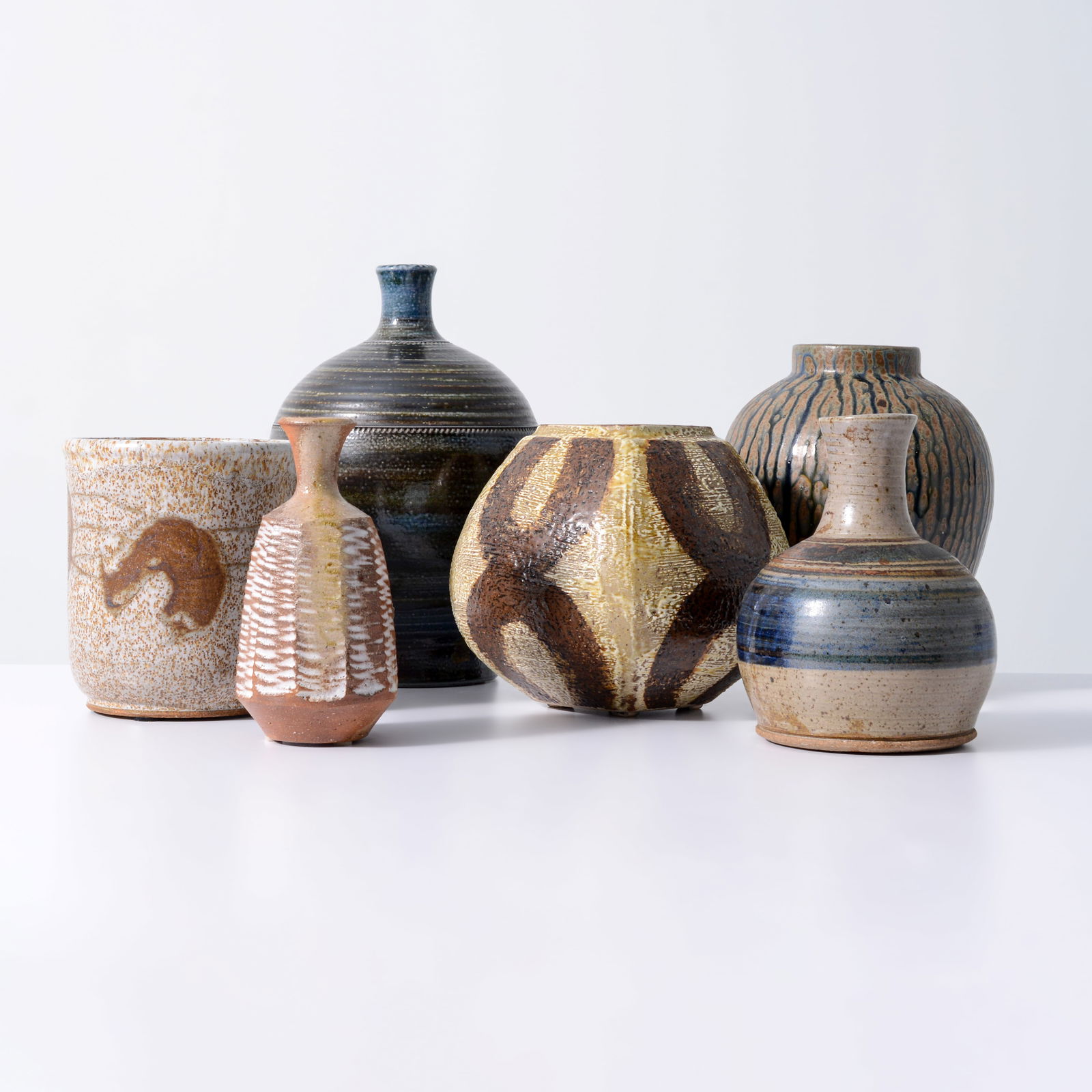 6 Large Art Vases / Vessels: Artist/Designer; Manufacturer: unknownMarking(s); notes: marking(s)Materials: ceramicDimensions (H, W, D): largest: 12"h, 8"dia