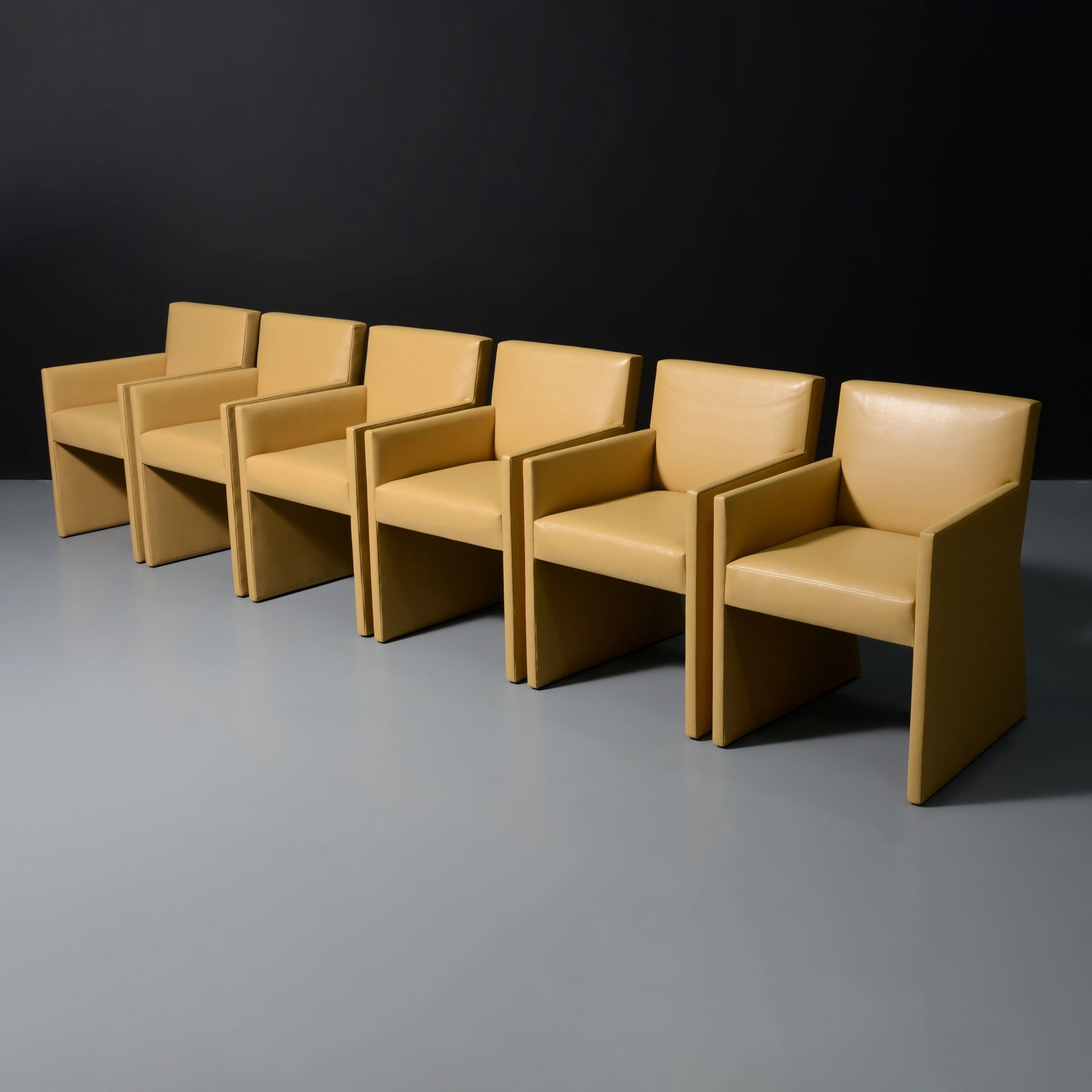 6 A. Rudin Leather Dining Chairs, Manner of Mario Bellini: Artist/Designer; Manufacturer: Mario Bellini (Italian, b. 1935), manner of; A. Rudin (USA)Marking(s); notes: A. Rudin labelMaterials: leatherDimensions (H,