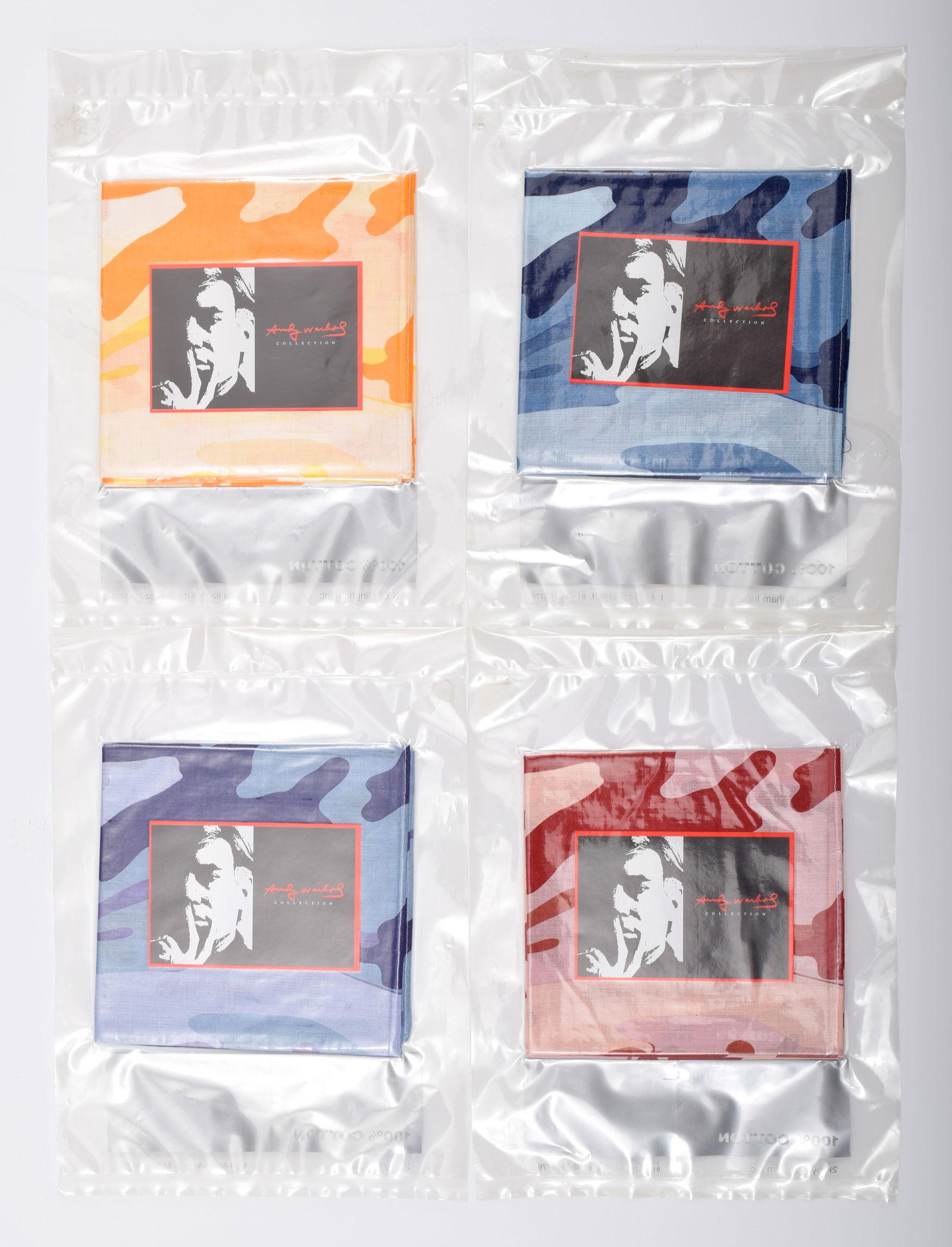 4 Andy Warhol (After) Scarves / Bandannas: Artist/Designer; Manufacturer: Andy Warhol (after) (American, 1928-1987)Marking(s); notes: imprinted in silver with Andy Warhol signature and the Andy Warhol Foundation copyright/licensed by