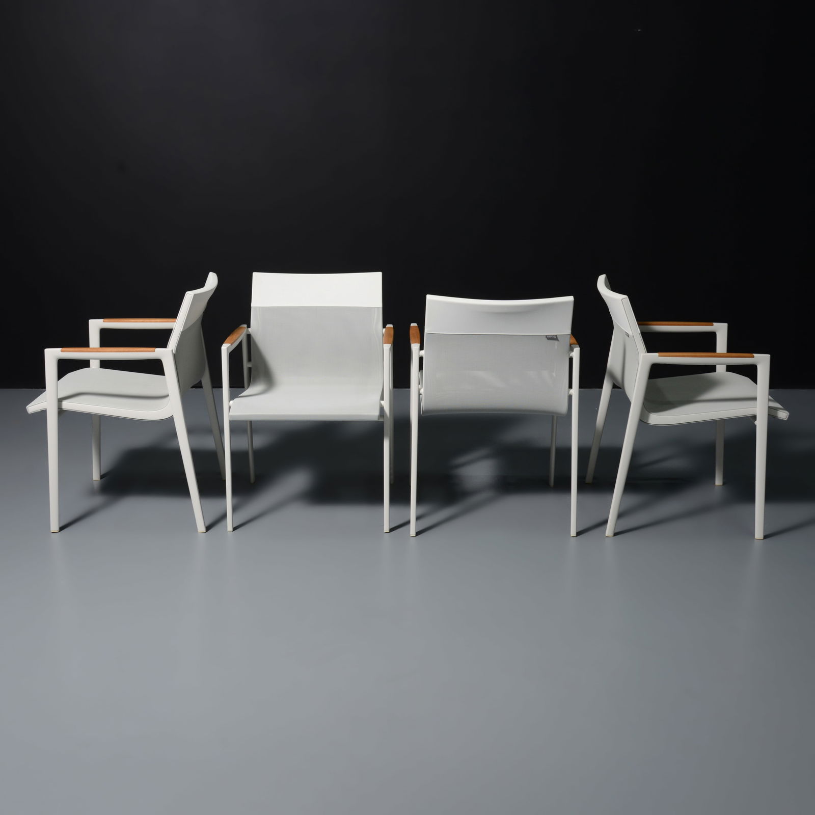 Jean-Marie Massaud DEAN for Dedon Dining Chairs, Set of 4: Artist/Designer; Manufacturer: Jean-Marie Massaud (French, b. 1966); Dedon (Germany)Marking(s); notes: Dedon labelMaterials: cast aluminum, teak, mesh fabricDimensio