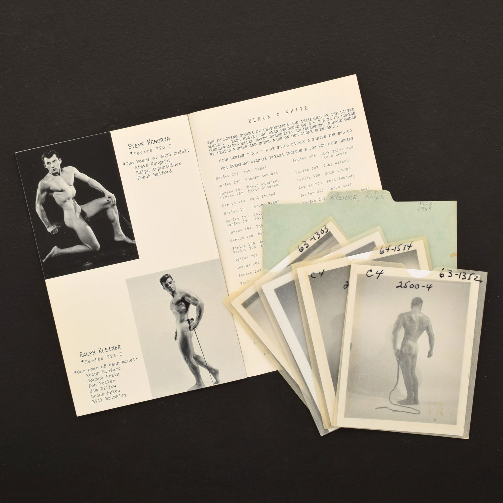 4 Bruce Bellas Nude Male Photos, Negatives, Catalog & Ephemera: Artist/Designer; Manufacturer: Bruce Bellas aka Bruce of Los Angeles (American, 1909-1974)Marking(s); notes: marking(s); sleeves numbered 63-1303, 63-1352, 64-1574 (one unmarked); divid