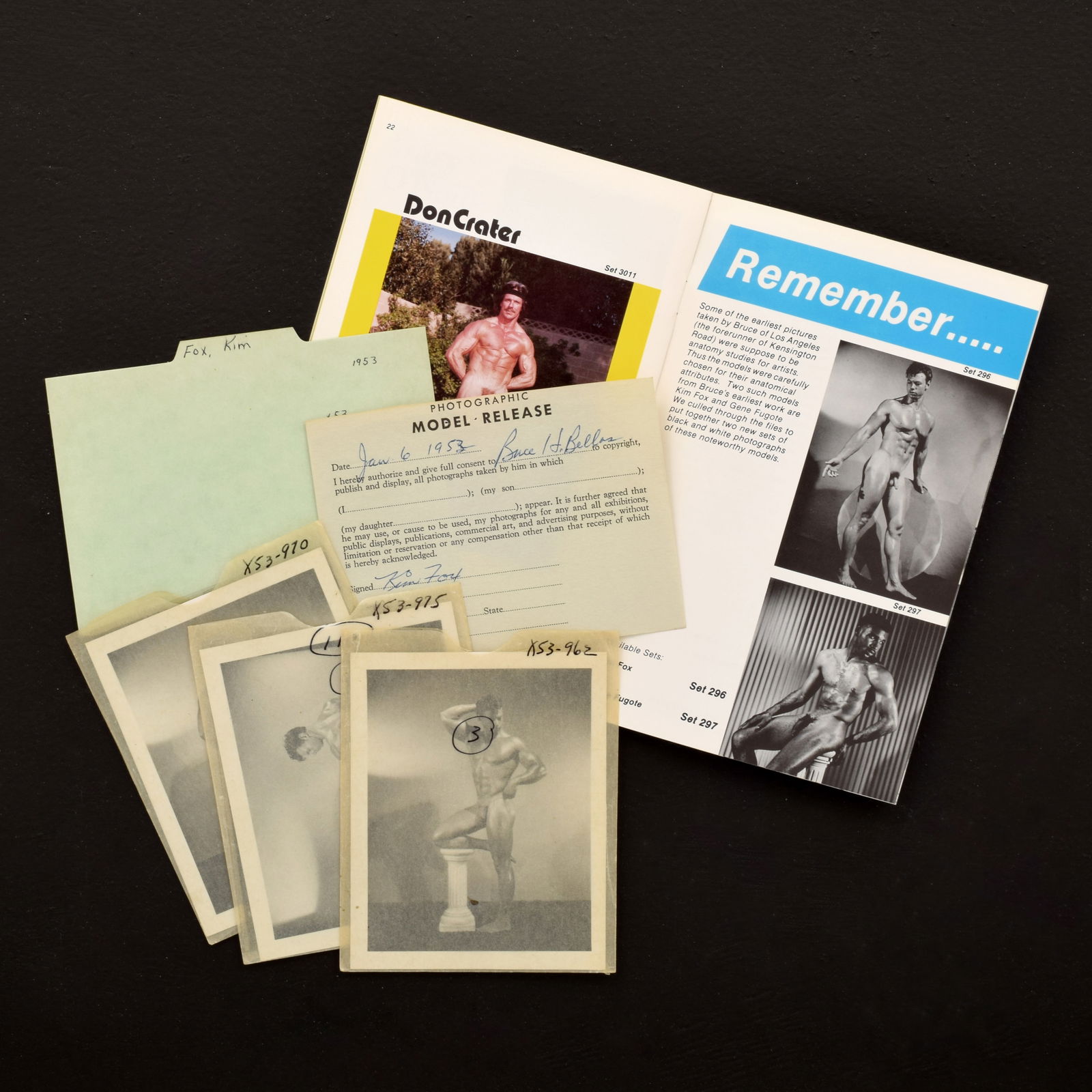 Bruce Bellas Nude Male Photos, Negatives, Catalog & Ephemera: Artist/Designer; Manufacturer: Bruce Bellas aka Bruce of Los Angeles (American, 1909-1974)Marking(s); notes: marking(s); sleeves numbered X53-962, X53-970, X53-975; photo release signed