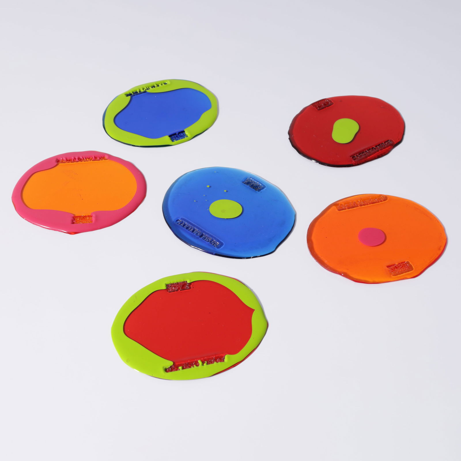 Gaetano Pesce TABLE-MATES Coasters, Set of 6: Artist/Designer; Manufacturer: Gaetano Pesce (Italian, 1939-2024); Fish Design (Italy)Marking(s); notes: Fish Design stamp, marking(s)Materials: resin