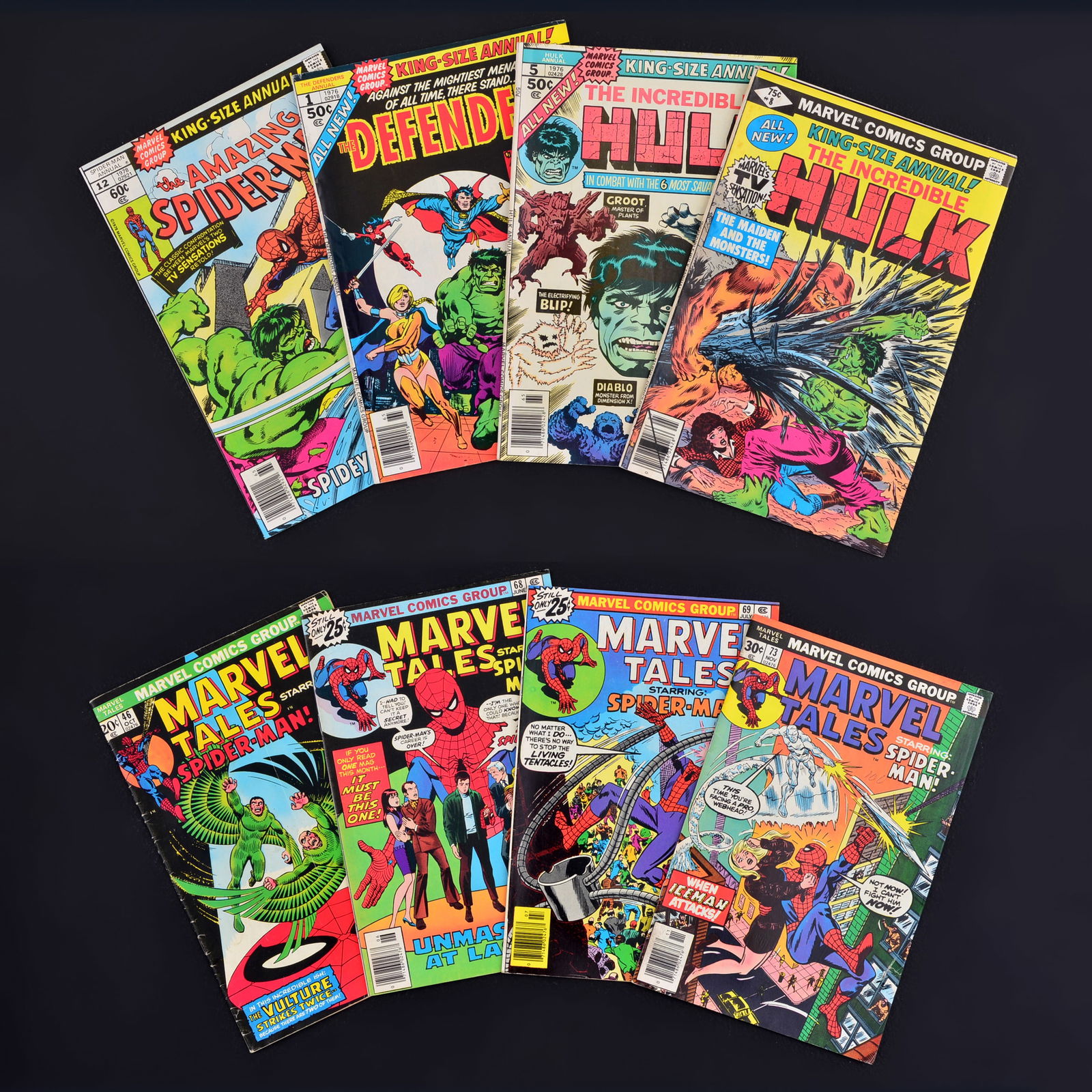 8 Marvel Comics, Various: Artist/Designer; Manufacturer: Jack Abel, Sal Buscema, John Byrne, Chris Claremont, Gerry Conway, John Costanza, Steve Gerber, Stan Goldberg, Archie Goodwin, Ed Hannigan, Andrea Hunt, Gil Ka