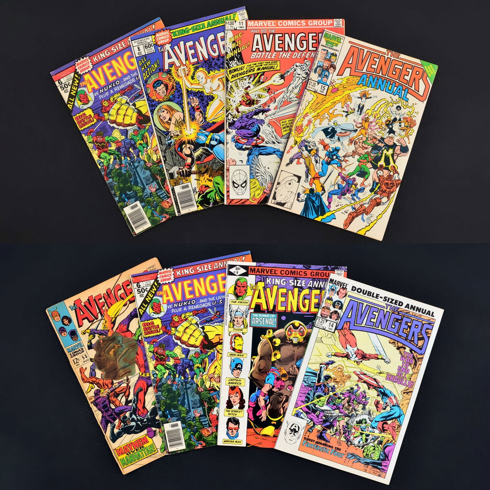 8 Marvel Comics, THE AVENGERS: Artist/Designer; Manufacturer: L. Lois Buhalis, John Buscema, John Byrne, Janice Chiang, Gerry Conway, John Costanza, Dan Crespi, J. M. DeMatteis, Steve Ditko, Scott Edelman,