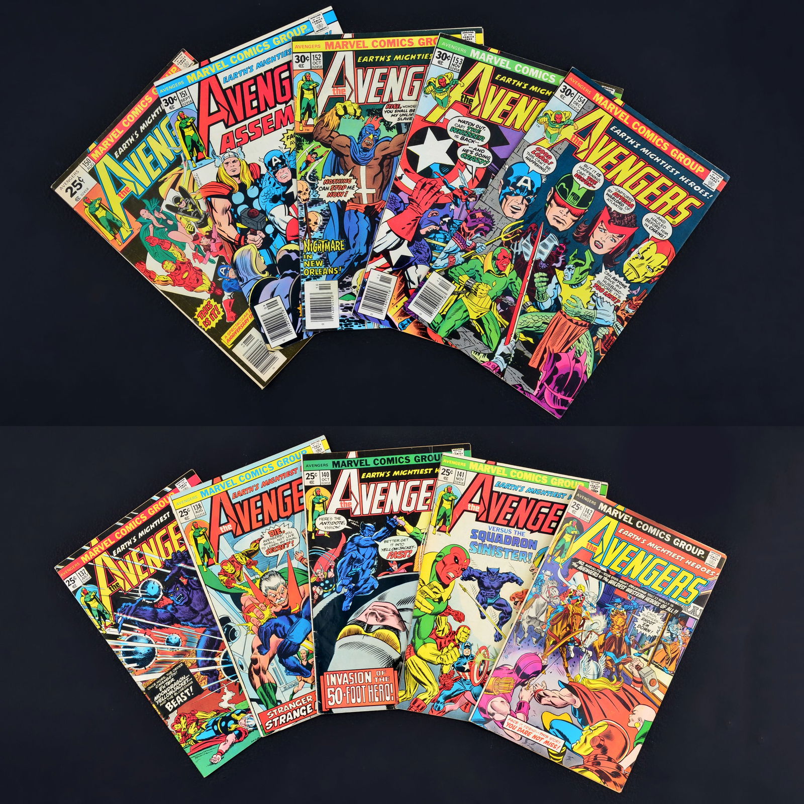 10 Marvel Comics, THE AVENGERS: Artist/Designer; Manufacturer: John Buscema, Sal Buscema, Janice Cohen, Gerry Conway, John Costanza, Dan Crespi, Steve Englehart, Petra Goldberg, Archie Goodwin, Charlotte Jetter,