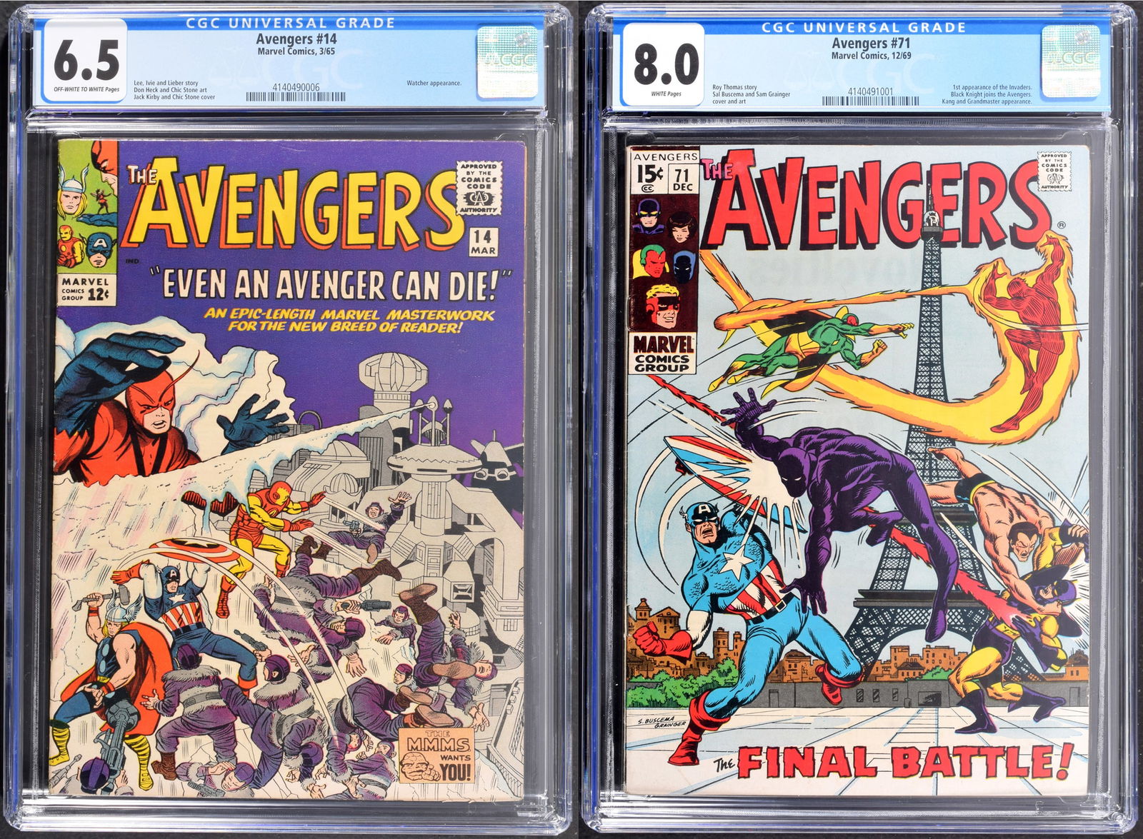 2 Marvel Comics, THE AVENGERS: Artist/Designer; Manufacturer: Sal Buscema, Jack Kirby, Stan Lee, Sam Rosen, Roy Thomas; Marvel Comics (USA)Marking(s); notes: no signatures/marking(s); Mar. 10, 1965 / Nov. 30, 19