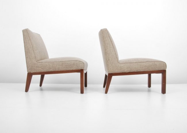 Pair of Edward Wormley Slipper Chairs: Designer & Manufacturer: Edward Wormley; Dunbar Markings: marked Country of Origin & Materials: USA; upholstery, wood Additional Information & Circa: Fine pair of slipper lounge chairs by Edward Worml