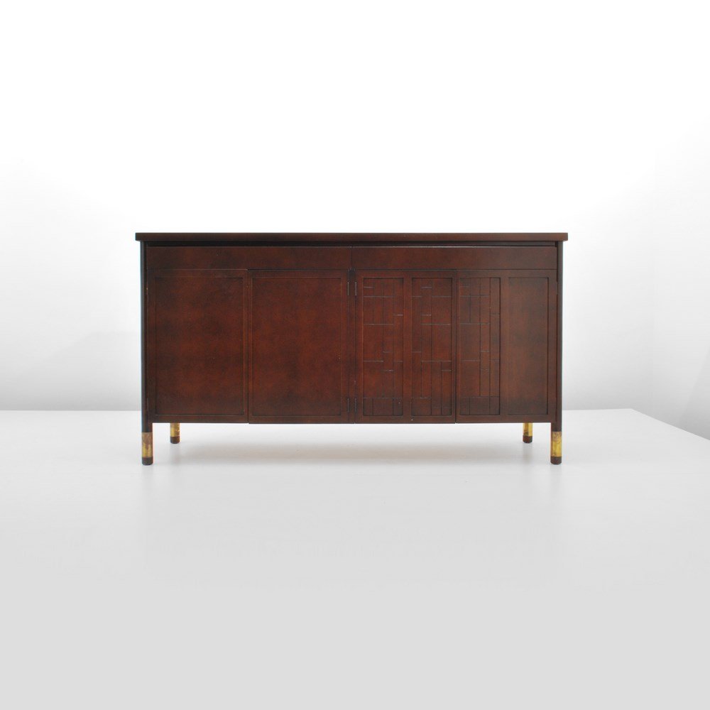 Bert England Cabinet: Designer & Manufacturer: Bert England; Johnson Furniture Co. Markings: marked Country of Origin & Materials: USA; walnut, brass Additional Information & Circa: Cabinet/server with two drawers, sculpte