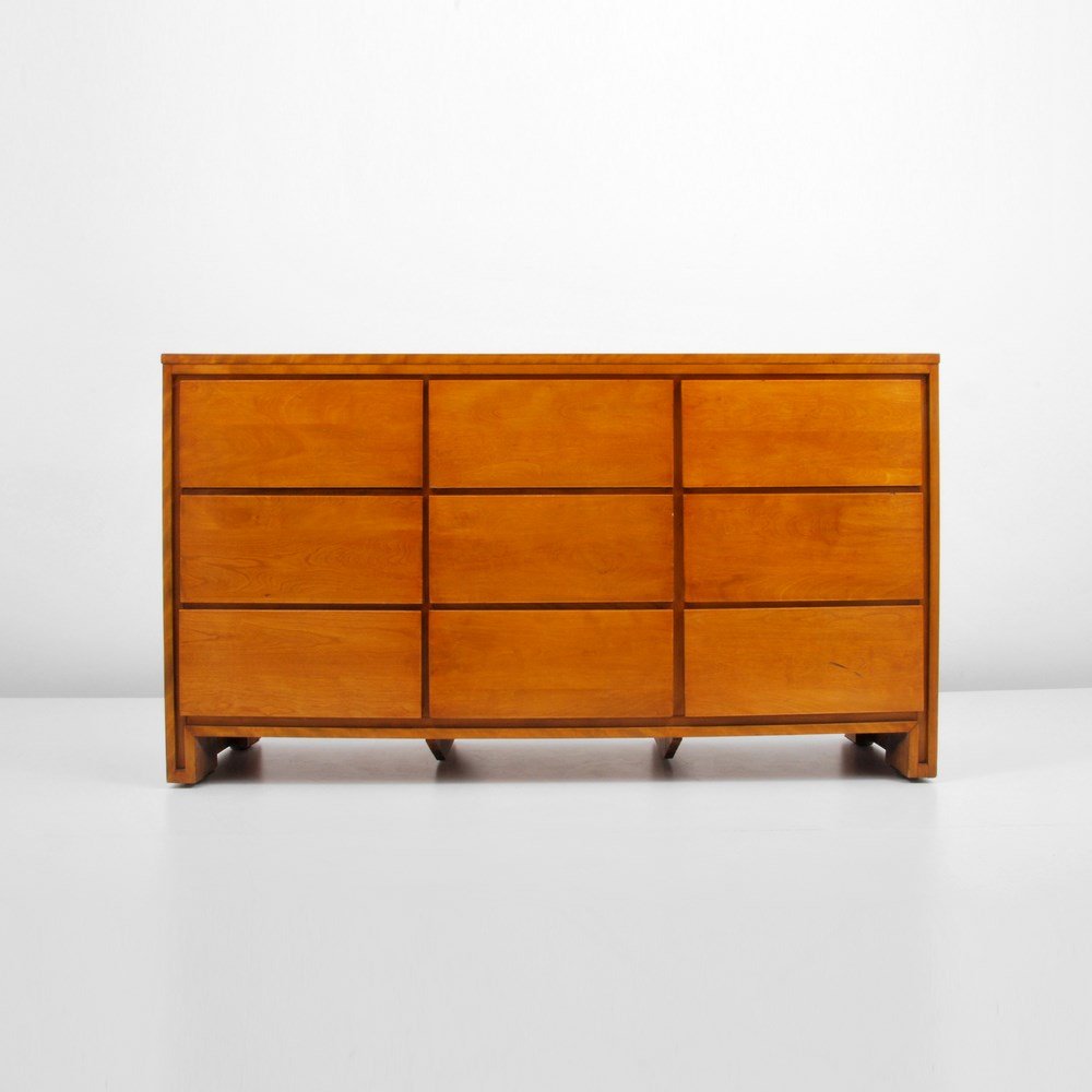 Rare Russel Wright Cabinet: Designer & Manufacturer: Russel Wright; Conant Ball Markings: marked Country of Origin & Materials: USA; maple Additional Information & Circa: Nine drawer chest of drawers/dresser by Russel Wright; c.