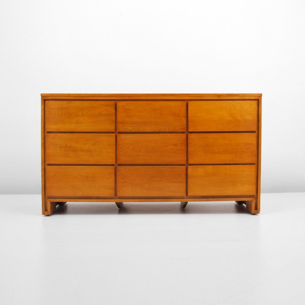 Rare Russel Wright Cabinet: Designer & Manufacturer: Russel Wright; Conant Ball Markings: marked Country of Origin & Materials: USA; maple Additional Information & Circa: Nine drawer chest of drawers/dresser by Russel Wright; c.