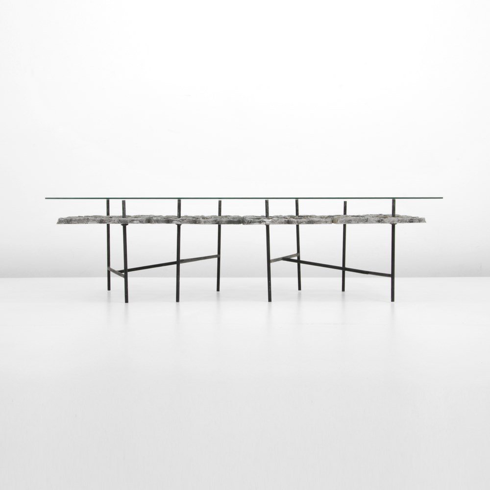 Donald Drumm Cocktail Table: Designer & Manufacturer: Donald Drumm; Donald Drumm Studios Markings: none Country of Origin & Materials: USA; glass, aluminum, steel Additional Information & Circa: Sculptural cocktail table by metal