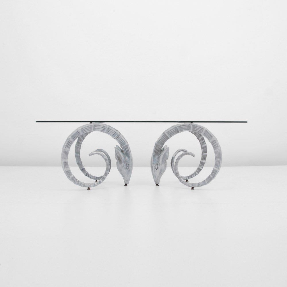 Ibex Cocktail Table, Manner of Chervet: Designer & Manufacturer: Leon Francois Chervet, Manner of Markings: none Country of Origin & Materials: USA; glass, metal Additional Information & Circa: Ibex cocktail table in the manner of Leon Fran