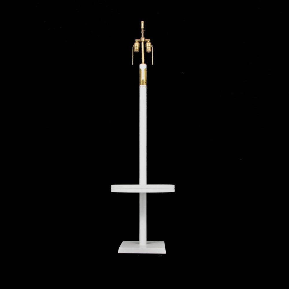Tommi Parzinger Floor Lamp: Designer & Manufacturer: Tommi Parzinger; Parzinger Originals Markings: marked Country of Origin & Materials: USA; wood, brass Additional Information & Circa: Floor lamp with integrated table by Tommi