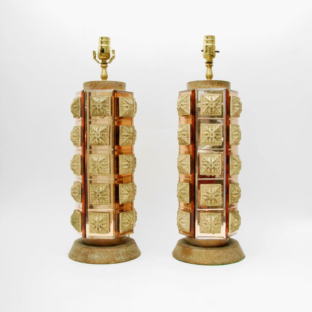 Pair of James Mont Lamps: Designer & Manufacturer: James Mont Markings: none Country of Origin & Materials: USA; wood, glass Additional Information & Circa: Pair of ornate lamps by James Mont; c. 1960 (Key Word Search: James M