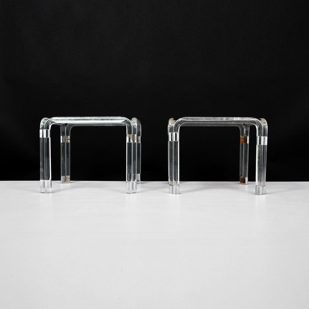 Charles Hollis Jones End Tables: Designer & Manufacturer: Charles Hollis Jones Markings: none Country of Origin & Materials: USA; lucite, metal, glass Additional Information & Circa: Pair of lucite end/side tables, one table with bro
