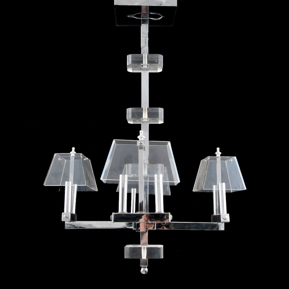 Large Chandelier, Attributed to Charles Hollis Jones: Designer & Manufacturer: Charles Hollis Jones, Attributed Markings: none Country of Origin & Materials: USA; chrome, acrylic, lucite Additional Information & Circa: Large eight light chandelier with a