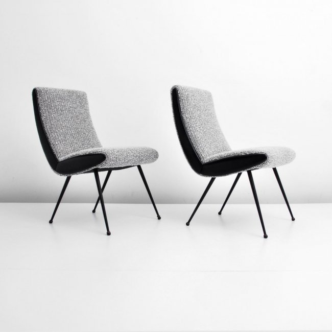Pair of Pierre Paulin Chairs: Designer & Manufacturer: Pierre Paulin Markings: none Country of Origin & Materials: France; upholstery, leather, iron, brass Additional Information & Circa: Fine pair of chairs reupholstered in leath