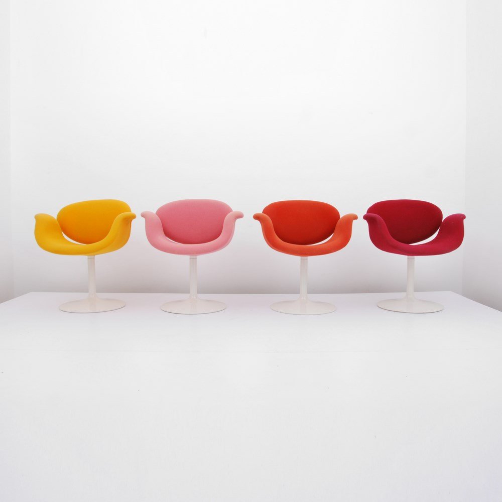 Pierre Paulin "Little Tulip" Chairs, Set of 4: Designer & Manufacturer: Pierre Paulin; Artifort Markings: none Country of Origin & Materials: France; upholstery, enameled metal Additional Information & Circa: Set of four swivel "Little Tulip" chai