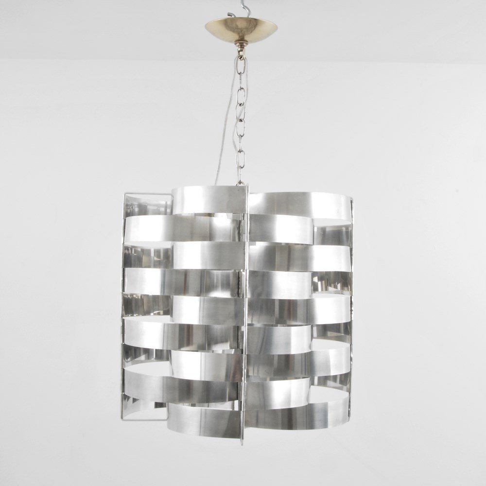 Large Max Sauze Chandelier: Designer & Manufacturer: Max Sauze Markings: none Country of Origin & Materials: France; aluminum Additional Information & Circa: Large chandelier made up of multiple interlocking aluminum strips by M