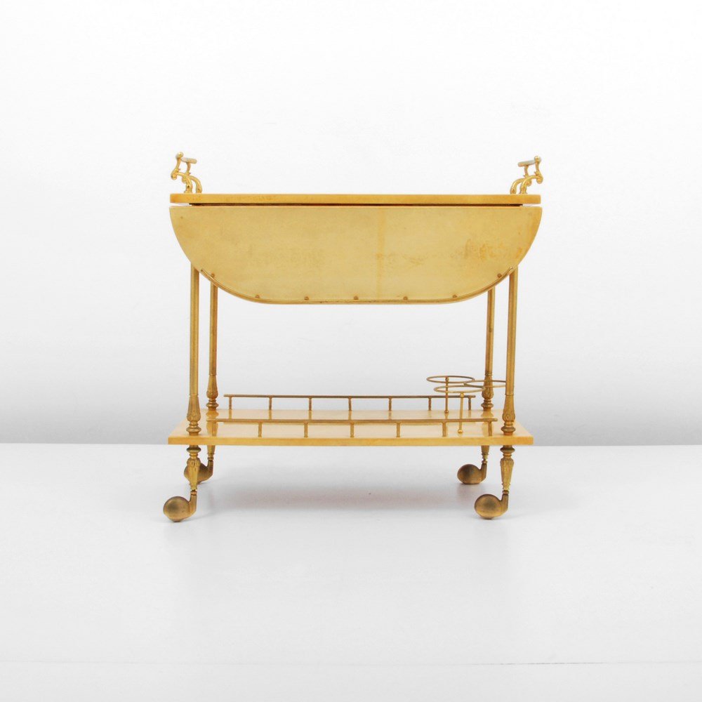 Aldo Tura Lacquered Goatskin Cart: Designer & Manufacturer: Aldo Tura Markings: none Country of Origin & Materials: Italy; lacquered goatskin, brass Additional Information & Circa: Lacquered goat skin cart with two drop leaves and lowe