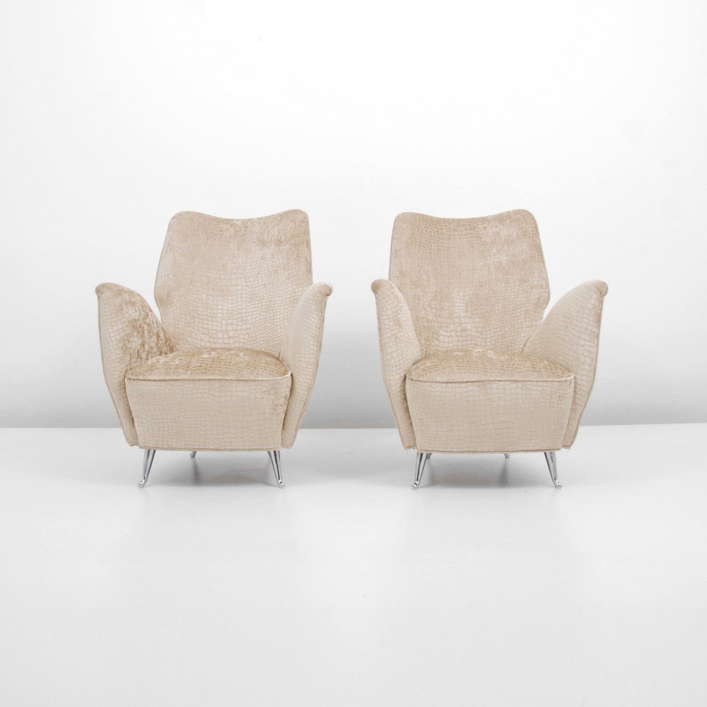 Pair of Paolo Buffa "Petite" Lounge Chairs: Designer & Manufacturer: Paolo Buffa Markings: none Country of Origin & Materials: Italy; metal, upholstery Additional Information & Circa: Pair of "Petite" lounge chairs by Paolo Buffa; c. 1955 (Key