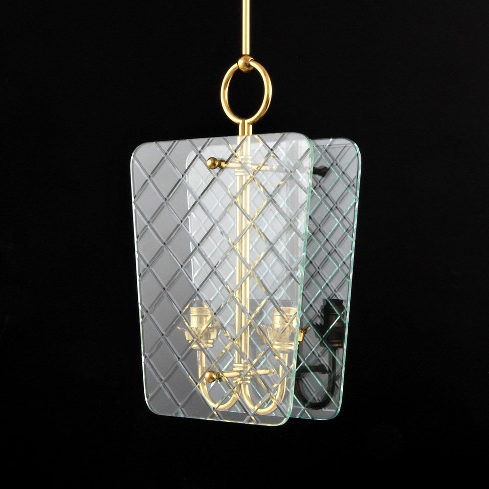 Italian Chandelier, Attributed to Gio Ponti: Designer & Manufacturer: Gio Ponti, Attributed Markings: none Country of Origin & Materials: Italy; glass, brass Additional Information & Circa: Two-light chandelier attributed to Gio Ponti; c. 1950 (