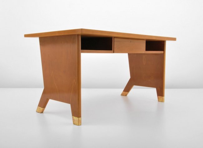 Rare Gio Ponti Desk: Designer & Manufacturer: Gio Ponti Markings: none Country of Origin & Materials: Italy; fruitwood, laminate, beech, brass Additional Information & Circa: Rare desk with a single drawer, storage areas