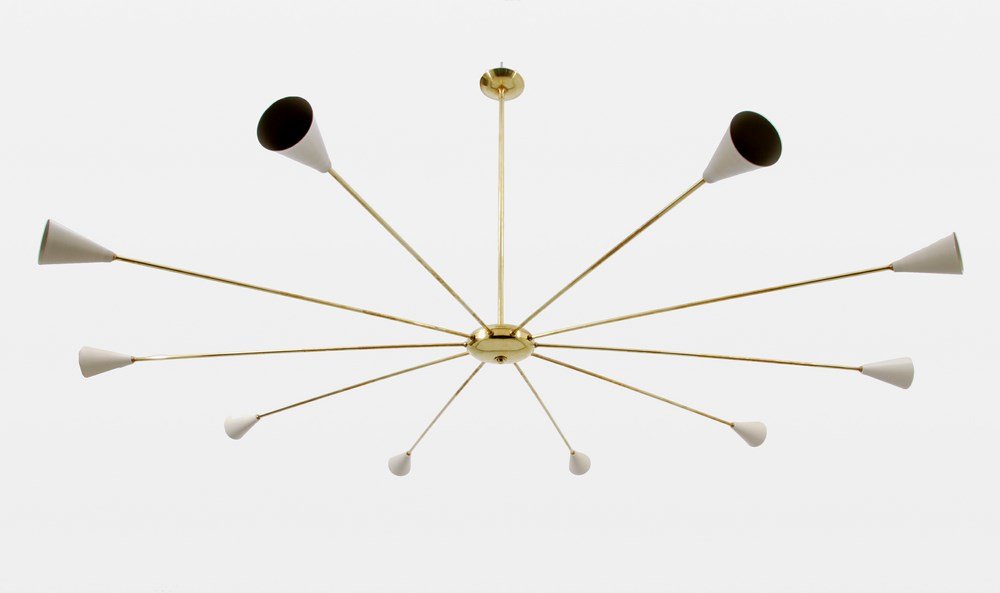 Rare Monumental Arredoluce 10-Arm Chandelier: Designer & Manufacturer: Arredoluce Markings: none Country of Origin & Materials: Italy; brass, enameled metal Additional Information & Circa: Rare and large 10-arm chandelier by Arredoluce; c. 1960 (