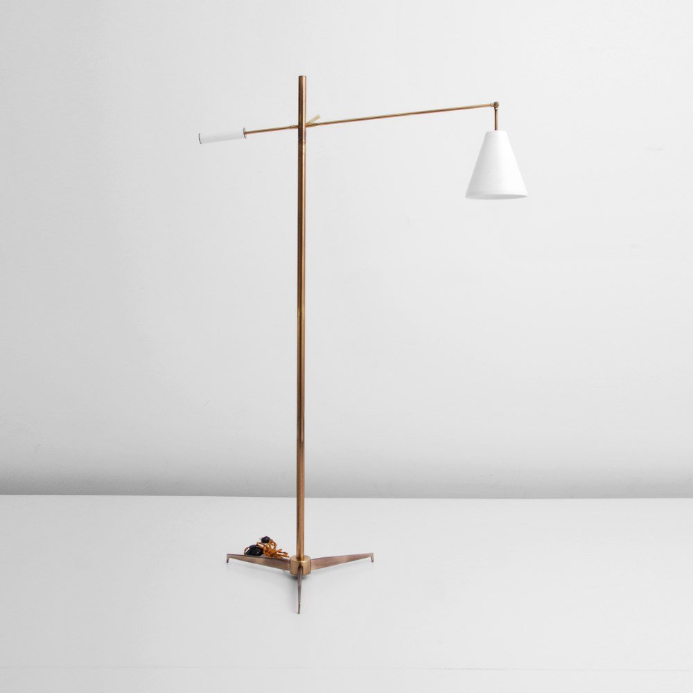 Arredoluce Adjustable Floor Lamp: Designer & Manufacturer: Arredoluce Markings: none Country of Origin & Materials: Italy; brass, metal Additional Information & Circa: Single adjustable arm and shade floor lamp by Arredoluce; c. 1960