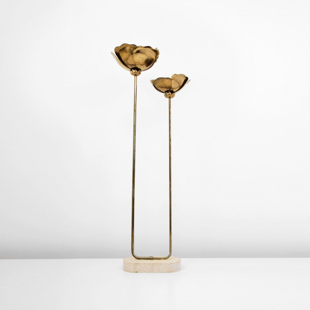 Tommaso Barbi Floor Lamp: Designer & Manufacturer: Tommaso Barbi Markings: none Country of Origin & Materials: Italy; travertine, brass Additional Information & Circa: Fine double headed floor lamp by Tommaso Barbi; c. 1970 (K