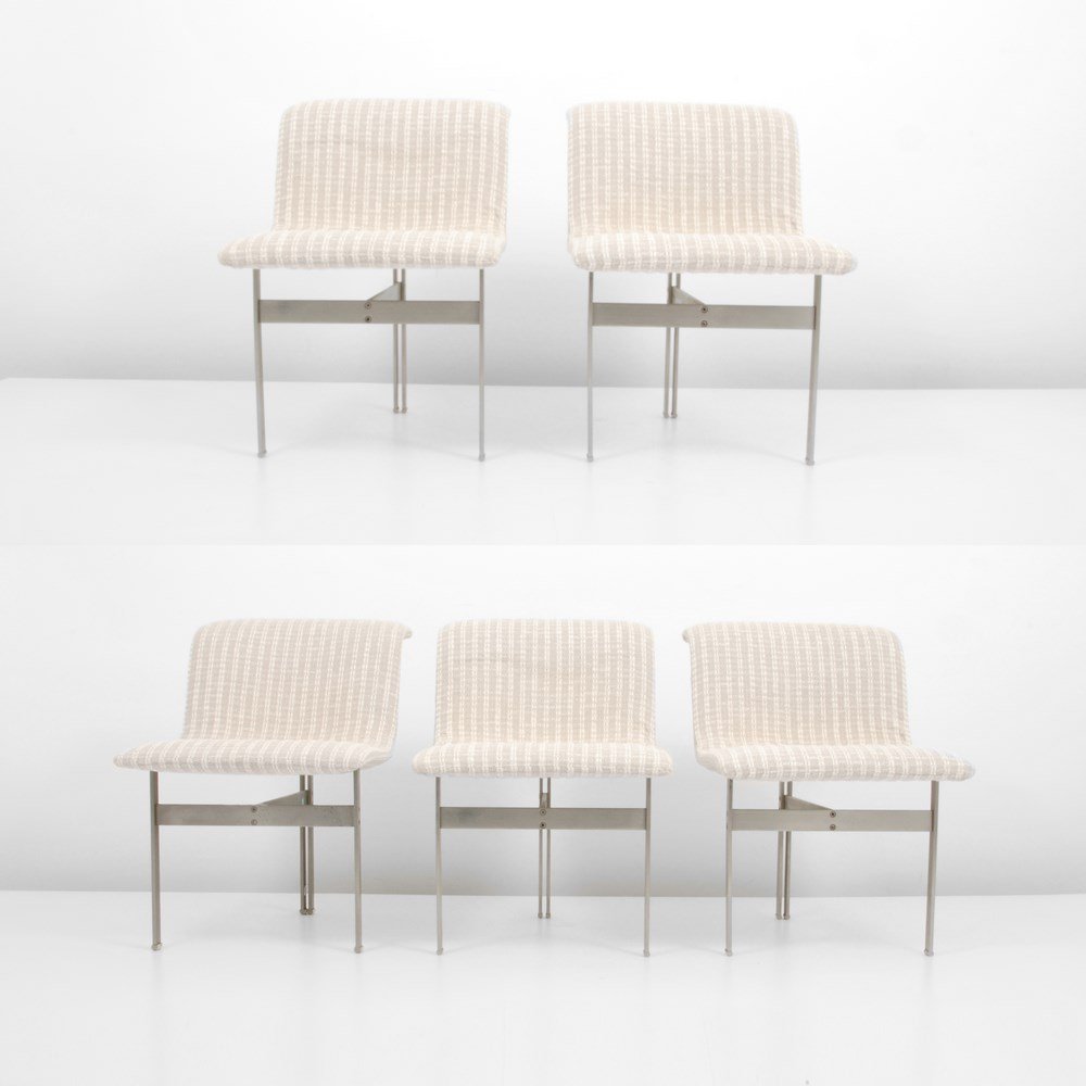 Chairs by Giovanni Offredi, Set of 5: Designer & Manufacturer: Giovanni Offredi; Saporiti Markings: marked Country of Origin & Materials: Italy; steel, upholstery Additional Information & Circa: Set of five chairs by Giovanni Offredi; c. 