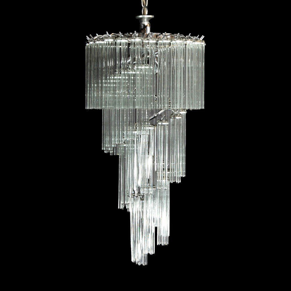 Spiraling Chandelier, Attributed to Lightolier: Designer & Manufacturer: Lightolier, Attributed Markings: none Country of Origin & Materials: USA; glass, chrome Additional Information & Circa: Spiraling multi-tiered chandelier with seven lights att