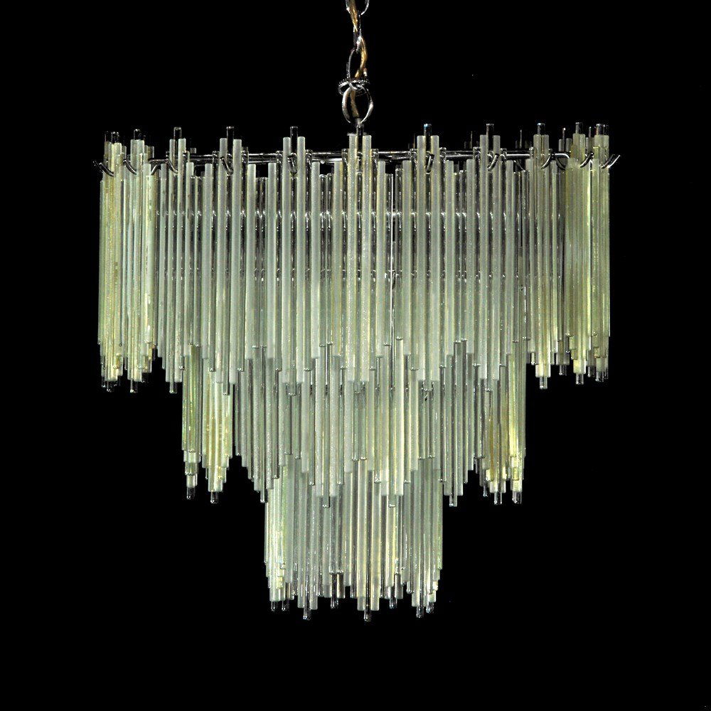 Tiered Chandelier, Attributed to Lightolier: Designer & Manufacturer: Lightolier, Attributed Markings: none Country of Origin & Materials: USA; glass, chrome Additional Information & Circa: Three-tier chandelier with ten lights attributed to Lig